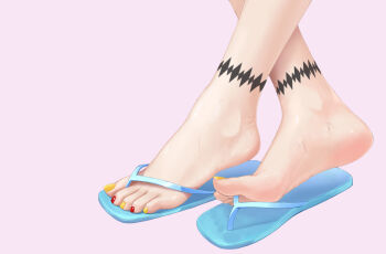 Rule 34 | 1girl, anklet, aqua footwear, barefoot, blue footwear, close-up, crossed legs, feet, flip-flops, foot focus, footprints on shoes, jewelry, liang mu, nail polish, orange nails, out of frame, pink background, purple background, red nails, sandals, simple background, soles, solo, sweat, toenail polish, toenails, toes, yellow nails