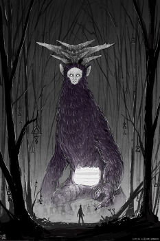 1boy 2020 6+others absurdres bare_tree creature dated forest giant giant_monster greyscale highres horns instagram_username jr_(jarsarts) monochrome multiple_others nature no_pupils purple_fur silhouette static teletubbies television tinky_winky tree triangle white_eyes