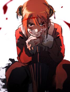 1girl blood blood_on_face blue_eyes bun_cover closed_mouth commentary_request double_bun floating_blood gintama hair_bun highres imamuu_(imamoon) kagura_(gintama) long_sleeves looking_at_viewer planted planted_umbrella sidelocks sitting smile solo umbrella