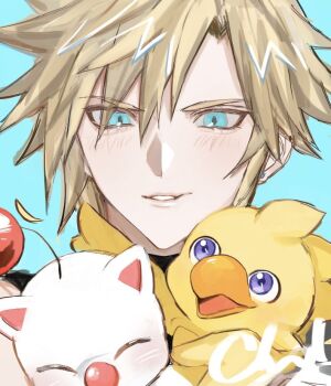 aqua_background aqua_eyes bird blonde_hair blue_eyes buster_aoi chocobo cloud_strife creature earrings final_fantasy final_fantasy_vii final_fantasy_vii_remake hair_between_eyes jewelry light_blush moogle parted_lips short_hair single_earring sketch spiked_hair unfinished upper_body