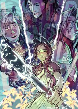 1girl 3boys aerith_gainsborough armor artist_name bangle black_hair blonde_hair bracelet breasts bronzeyolk choker cleavage clenched_teeth closed_eyes cloud_strife dress english_text final_fantasy final_fantasy_vii final_fantasy_vii_rebirth final_fantasy_vii_remake flower flower_choker furrowed_brow gloves grey_hair hair_between_eyes hair_ribbon hair_slicked_back highres holding holding_staff jacket jewelry lily_(flower) long_dress long_hair masamune_(ff7) medium_breasts multiple_boys open_mouth outstretched_hand parted_bangs parted_lips pauldrons puffy_short_sleeves puffy_sleeves red_jacket ribbon sephiroth short_sleeves shoulder_armor sideburns sidelocks spiked_hair staff sword sword_on_back teeth turtleneck upper_body wavy_hair weapon weapon_on_back yellow_flower zack_fair