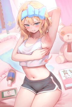 1boy :t absurdres armpits bare_arms bed black_shorts blonde_hair blue_eyes blue_jacket blush book bottle bow bridget_(guilty_gear) closed_mouth collarbone dolphin_shorts guilty_gear hair_between_eyes hair_bow hakusyokuto highres jacket male_focus navel pillow shirt short_shorts shorts sitting stuffed_animal stuffed_toy teddy_bear thighs trap trembling unworn_jacket v-shaped_eyebrows white_shirt