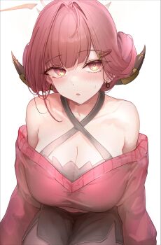 Rule 34 | 1girl, ahoge, aru (blue archive), asaikeu, bare shoulders, black horns, black shorts, blue archive, blush, breasts, cleavage, collarbone, commentary request, criss-cross halter, earrings, hair intakes, hair ornament, hairclip, halo, halterneck, highres, horns, jewelry, medium breasts, off-shoulder sweater, off shoulder, parted lips, pink hair, pink halo, pink sweater, short hair, shorts, simple background, solo, sweatdrop, sweater, white background, yellow eyes