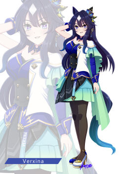 1girl absurdres animal_ears asymmetrical_footwear asymmetrical_jacket black_pantyhose blue_eyes blue_hair blush breasts character_name commentary_request dress ear_covers hair_between_eyes highres horse_ears horse_girl horse_tail jacket konsu_(konsu1182da) long_hair looking_at_viewer medium_breasts mismatched_footwear mole mole_under_eye multicolored_hair pantyhose parted_lips shoes single_ear_cover single_sleeve smile tail umamusume verxina_(le_beau_sommet)_(umamusume) verxina_(umamusume) zoom_layer