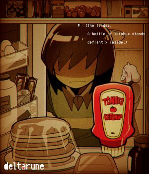1girl 1other blush deltarune food furry furry_female goat_girl highres ketchup_bottle kris_(deltarune) pancake pancake_stack refrigerator shio_tou smile toriel utdr_(toby_fox)