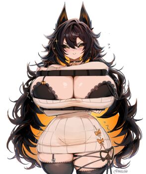 Rule 34 | 1girl, animal ear fluff, animal ears, black bra, black hair, black sclera, blush, bra, breasts, breasts squeezed together, cat ears, cleavage, clio (mssclio), colored inner animal ears, colored inner hair, colored sclera, glowing, glowing hair, highres, huge breasts, indie virtual youtuber, long hair, looking at viewer, meme, millanoire, multicolored hair, narrow waist, orange eyes, orange hair, shioreos (meme), simple background, smile, solo, thick thighs, thighs, underwear, very long hair, virtual youtuber, white background, wide hips