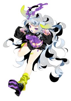 1girl bandaid bandaid_on_leg black_shoes black_skirt breasts colored_extremities colored_tips colored_tongue fujimi_yururu grey_hair long_hair long_sleeves loose_socks miniskirt multicolored_hair navel open_mouth purple_eyes purple_tongue shoes skirt slime_(substance) smile socks solo transparent_background vebop_project white_hair yellow_socks zipper_pull_tab