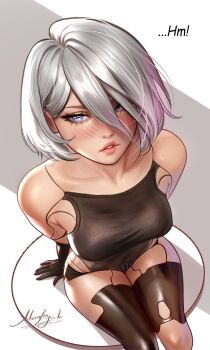 1girl a2_(nier:automata) android artist_name bare_shoulders black_gloves blue_eyes blush breasts elbow_gloves gloves highres joints large_breasts moonlen-jack nier:automata nier_(series) robot_joints short_hair sitting speech_bubble white_hair