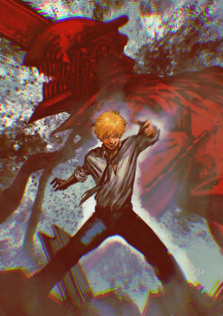 absurdres black_necktie black_pants blonde_hair chainsaw chainsaw_devil chainsaw_man collared_shirt commentary_request denji_(chainsaw_man) dual_persona feet_out_of_frame highres male_focus necktie open_mouth pants red_eyes sharp_teeth shirt short_hair signature sleeves_rolled_up smile tdsuke teeth tongue tongue_out white_shirt
