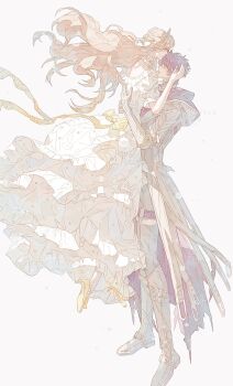 Rule 34 | 1boy, 1girl, arms around waist, back bow, black boots, blonde hair, boots, bow, chaoxibumian, choker, commentary, couple, dress, full body, gloves, hair bow, half updo, hand in another's hair, hetero, highres, hug, kiss, kissing forehead, long coat, long dress, long hair, love and deepspace, off-shoulder dress, off shoulder, official alternate costume, parted lips, protagonist (love and deepspace), puffy short sleeves, puffy sleeves, purple hair, rafayel (love and deepspace), ribbon choker, shoes, short hair, short sleeves, symbol-only commentary, torn clothes, torn coat, white background, white bow, white dress, yellow shoes