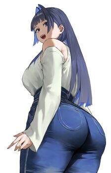 1girl ass bare_shoulders blue_eyes blue_hair blue_pants blunt_bangs breasts colored_inner_hair commentary denim detached_sleeves from_behind hair_intakes high-waist_pants highres hololive hololive_english huge_ass jeans large_breasts long_hair long_sleeves looking_at_viewer looking_back multicolored_hair official_alternate_costume official_alternate_hairstyle open_mouth ouro_kronii pants rawoon_d shirt simple_background smile solo symbol-only_commentary teeth thighs upper_teeth_only virtual_youtuber white_background white_shirt