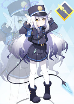 1girl absurdres belt black_shirt black_shoes black_skirt blue_archive cosplay dragon_tail fate/grand_order fate_(series) gloves halo hat highres hikari_(blue_archive) hikari_(blue_archive)_(cosplay) long_hair looking_at_viewer melusine_(fate) pantyhose pleated_skirt r3_type shirt shoes skirt solo tail white_gloves white_hair white_pantyhose yellow_eyes