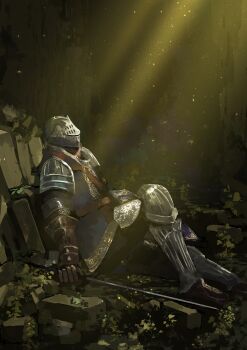 1boy absurdres armor armored_boots asaki_(asaki_vision) blue_tunic boots commentary_request dark_souls_(series) dark_souls_i full_body helm helmet highres holding holding_sword holding_weapon indoors knight knight_of_astora_oscar male_focus pauldrons plant ruins shoulder_armor solo sunlight sword tunic vines weapon