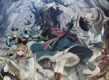 1girl alice_margatroid bad_id bad_pixiv_id bare_tree blonde_hair blue_eyes book boots bow capelet colored_eyelashes doll dress female_focus flying_paper forest hair_bow hakurei_reimu jewelry kneepits lace lance long_hair looking_at_viewer looking_back magic miyuki_ruria nature open_book outstretched_arms paper parted_lips petticoat polearm puppet_rings puppet_strings reflection ring shanghai_doll shield short_hair solo spear spread_arms string touhou tree weapon