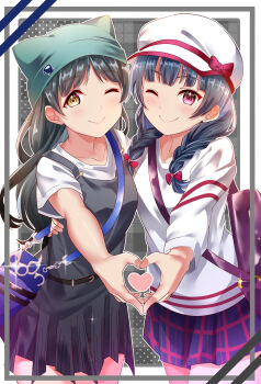 2girls ;) absurdres beanie black_hair blue_hair border closed_mouth commentary commission cowboy_shot dress green_hat grey_background grey_dress hat hazuki_ren heart heart_hands heart_hands_duo heart_in_heart_hands highres in-franchise_crossover kuntze looking_at_viewer love_live! love_live!_sunshine!! love_live!_superstar!! miniskirt multiple_girls one_eye_closed parted_bangs pinafore_dress pink_skirt pixiv_commission plaid_background plaid_clothes plaid_skirt purple_eyes purple_skirt shirt short_dress skirt sleeveless sleeveless_dress smile tsushima_yoshiko two-tone_skirt white_border white_hat white_shirt yellow_eyes