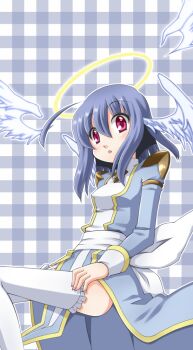 1girl ahoge alternate_color back_bow blue_dress blue_hair blush bow breasts commentary_request dress feathered_wings feet_out_of_frame frilled_thighhighs frills hair_between_eyes halo head_wings high_priest_(ragnarok_online) hinosita_hikari long_sleeves looking_at_viewer medium_hair open_mouth pelvic_curtain ragnarok_online red_eyes sash small_breasts solo thighhighs traditional_halo two-tone_dress white_bow white_dress white_sash white_thighhighs white_wings winged_halo wings yellow_halo