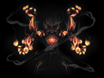 1boy absurdres artificial_eye banyue_(zenless_zone_zero) biceps commentary dark_background english_commentary extra_arms fire glowing glowing_eyes highres humanoid_robot long_hair male_focus mechanical_arms mechanical_eye mechanical_hands mechanical_legs metal_skin robot robot_boy solo standing steam walnutter white_hair zenless_zone_zero