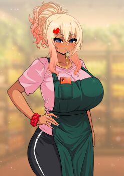1girl absurdres apron blonde_hair candy cellphone dark-skinned_female dark_skin food ganguro gradient_hair green_apron gyaru highres lollipop lollipop_in_mouth long_hair multicolored_hair original pants phone pink_shirt red_scrunchie scrunchie shirt smartphone t-shirt the_only_shoe wrist_scrunchie