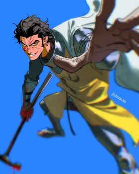 1boy a_song_of_ice_and_fire aged_down armor blood blood_on_face bloody_weapon blue_background blurry blurry_foreground cape etceteraart game_of_thrones hammer helmet highres holding holding_hammer knight male_focus robert_baratheon simple_background solo weapon white_cape