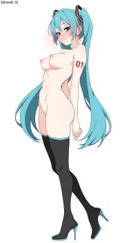 1girl absurdres aqua_eyes aqua_hair arm_tattoo black_thighhighs blush breasts full_body hatsune_miku high_heels highres long_hair looking_at_viewer medium_breasts navel nipples nude roswell_ss simple_background solo tattoo thighhighs twintails very_long_hair vocaloid white_background