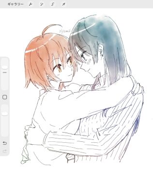 Rule 34 | 2girls, ahoge, arms around neck, art program in frame, black hair, blush, earrings, eye contact, hand on another's waist, highres, jewelry, koito yuu, long hair, looking at another, multiple girls, nanami touko, nyamo, orange hair, ring, shirt, smile, sweat, wedding ring, wife and wife, yagate kimi ni naru, yellow eyes, yuri