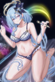 absurdres blue_hair bra breasts commentary_request crescent crescent_earrings earrings griseo griseo_(cosmic_expression) highres holding holding_paintbrush honkai_(series) honkai_impact_3rd jewelry large_breasts long_hair looking_at_viewer navel paintbrush panties pink_eyes sitting tsuroro underwear wariza