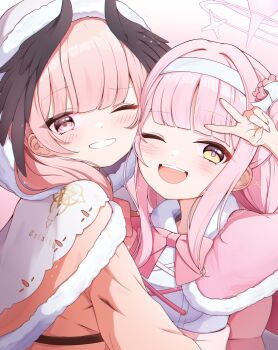 Rule 34 | 2girls, :d, absurdres, black wings, blue archive, blunt bangs, bow, bowtie, breasts, capelet, commentary, fur-trimmed capelet, fur trim, grin, gyeou lee, hairband, halo, hand up, happy, head wings, highres, koharu (blue archive), long hair, looking at viewer, looking to the side, mika (blue archive), miniskirt, multiple girls, one eye closed, open mouth, orange capelet, pink bow, pink bowtie, pink capelet, pink hair, pink pupils, shirt, skirt, smile, symbol-only commentary, trinity general school logo, turning head, upper body, v, white hairband, white shirt, wings, yellow eyes