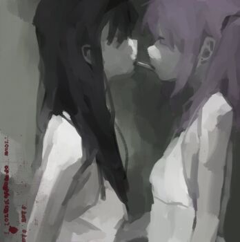 2girls akemi_homura black_hair cigarette cigarette_kiss eye_contact facing_another from_side hair_over_eyes highres kaname_madoka kiss long_hair looking_at_another mahou_shoujo_madoka_magica mahou_shoujo_madoka_magica_(anime) multiple_girls pink_hair profile shirt short_twintails sidelocks smoking twintails white_shirt yoruseh yuri
