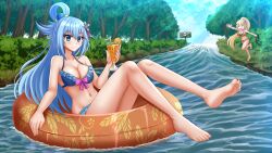 2girls animal aqua_(konosuba) bare_arms bare_legs bare_shoulders barefoot bendy_straw bikini bird blonde_hair blue_bikini blue_eyes blue_flower blue_hair blue_sky breasts brown_bikini brown_sandals cleavage closed_mouth cloud commentary commission cup darkness_(konosuba) day drink drinking_glass drinking_straw english_commentary feet flower forest frilled_bikini frills hair_between_eyes hair_flower hair_ornament highres holding holding_cup ice ice_cube innertube kazenokaze kono_subarashii_sekai_ni_shukufuku_wo! large_breasts long_hair looking_at_viewer medium_breasts multiple_girls nature navel o_o open_mouth outdoors pink_flower ponytail sandals sign skull_and_crossbones sky smile sunlight swim_ring swimsuit tree very_long_hair water waterfall white_flower x_hair_ornament