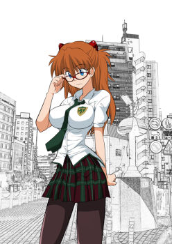 1girl alternate_breast_size bespectacled between_breasts blue_eyes breasts brown_hair cosplay cowboy_shot crest evangelion:_2.0_you_can_(not)_advance female_focus glasses hair_pulled_back hairpods hetano_yokoduki impossible_clothes impossible_shirt interface_headset_(evangelion) large_breasts long_hair makinami_mari_illustrious makinami_mari_illustrious_(cosplay) necktie necktie_between_breasts neon_genesis_evangelion pantyhose plaid_clothes plaid_skirt pleated_skirt rebuild_of_evangelion red-framed_eyewear school_uniform shirt skirt solo souryuu_asuka_langley standing