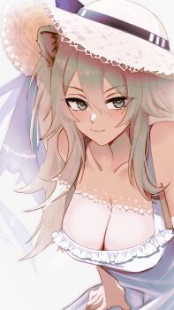 1girl absurdres animal_ears bare_shoulders breasts cleavage closed_mouth collarbone commentary dress eneeues english_commentary grey_hair hat highres hololive large_breasts lion_ears lion_girl long_hair looking_at_viewer shishiro_botan sidelocks sleeveless sleeveless_dress smile solo straw_hat sun_hat sundress virtual_youtuber white_dress