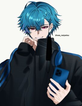 1boy black_jacket blue_hair brant_(wuthering_waves) cellphone commentary earrings english_commentary grey_background hair_between_eyes hair_ornament headphones headphones_around_neck highres holding holding_phone jacket jewelry long_sleeves looking_at_viewer male_focus mask mouth_mask multicolored_hair parted_lips phone pink_eyes sae_naiyatsu short_hair simple_background smartphone smile solo streaked_hair twitter_username upper_body wuthering_waves