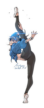 1girl absurdres black_pants black_scrunchie blue_shirt brown_eyes closed_mouth dated dated_commentary flexible full_body hair_ornament hair_scrunchie highres hip_bones looking_at_viewer midriff nabipenciller navel original pants ponytail scrunchie shirt socks solo standing standing_on_one_leg striped_sweatband sweat sweatband sweatdrop tied_shirt tight_clothes tight_pants tiptoes white_socks wristband yoga_pants