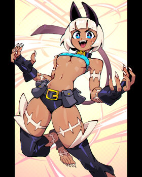 1girl animal_ears belt belt_pouch blue_eyes bob_cut breasts cat_ears cat_girl cat_tail choker crop_top dark-skinned_female dark_skin fangs fingerless_gloves gloves highres medium_breasts midriff ms._fortune_(skullgirls) navel open_mouth pouch qewie scar sharp_toenails short_hair skullgirls solo tail toenails underboob white_hair