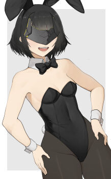 1girl absurdres animal_ears arknights arknights:_endfield bare_shoulders black_bow black_bowtie black_leotard black_mask black_pantyhose border bow bowtie breasts commentary covered_navel cowboy_shot detached_collar dutch_angle endministrator_(arknights) english_commentary fake_animal_ears fake_tail female_endministrator_(arknights) grey_background hands_on_own_hips highres leotard medium_hair open_mouth pantyhose playboy_bunny rabbit_ears rabbit_tail simple_background small_breasts solo strapless strapless_leotard tail white_border wrist_cuffs yellow_glasses_(odivichno)