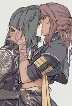 2girls black_gloves black_hair black_shirt blush bracelet braid brown_hair bushidaimo clair_obscur:_expedition_33 commentary dark-skinned_female dark_skin film_grain gloves grey_background hand_on_another&#039;s_waist hashtag-only_commentary highres jewelry kiss long_hair lune_(clair_obscur:_expedition_33) multiple_girls ponytail sciel_(clair_obscur:_expedition_33) shirt side_braid simple_background yellow_eyes yuri