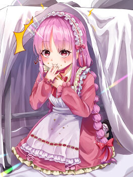 1girl bow bowtie braid commentary_request cookie food headdress heaven_burns_red highres holmes_hvbn kunimi_tama long_hair pink_eyes pink_hair twin_braids