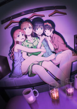 Rule 34 | 4girls, absurdres, animal print, barefoot, black hair, blue eyes, brown eyes, brown hair, clothes hanger, commentary request, cup, frog print, gekota, head wreath, highres, huge filesize, indoors, locked arms, long hair, medium hair, misaka mikoto, multiple girls, nightgown, pajamas, pension z, purple nightgown, saten ruiko, scared, shirai kuroko, short hair, stuffed animal, stuffed frog, stuffed toy, toaru kagaku no railgun, toaru majutsu no index, uiharu kazari, watching television, wide-eyed