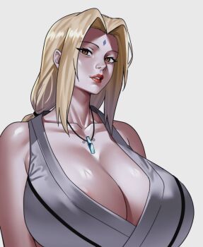 1girl blonde_hair breasts brown_eyes cleavage collarbone crystal_necklace curtained_hair facial_mark forehead_mark huge_breasts japanese_clothes long_hair looking_at_viewer naruto_(series) parted_lips simple_background solo tsunade_(naruto) zinfian