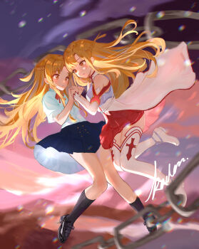 2girls :o absurdres asuna_(sao) black_shoes black_socks blonde_hair blue_skirt braid chain detached_sleeves dual_persona falling floating_clothes floating_hair forehead half_up_braid highres holding_hands kaden_jai kneehighs long_hair miniskirt motion_blur multiple_girls orange_eyes parted_bangs parted_lips pleated_skirt red_skirt school_uniform shirt shoes short_sleeves skirt sleeveless sleeveless_shirt socks sword_art_online thighhighs titania_(sao) white_shirt white_shoes white_thighhighs