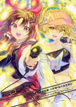 Rule 34 | 2girls, alternate costume, alternate hair color, alternate headwear, alto2019, belt, black belt, black shirt, blonde hair, blue choker, blue hair, bow, brown eyes, brown hair, choker, clothes writing, commentary request, crop top, earrings, frilled bow, frilled hair tubes, frills, hair bow, hair tubes, hakurei reimu, hakurei reimu (lostword live 2024), holding, holding microphone, jacket, jewelry, kirisame marisa, kirisame marisa (lostword live 2024), long hair, looking at viewer, microphone, midriff, multicolored hair, multiple girls, music, navel, open clothes, open jacket, open mouth, plaid clothes, plaid skirt, red bow, red skirt, sample watermark, shirt, singing, skirt, smile, star (symbol), star earrings, streaked hair, sweat, touhou, touhou lostword, two-tone hair, watermark, watermark grid, yellow eyes