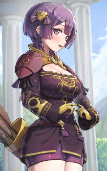 Rule 34 | 1girl, absurdres, arrow (projectile), bernadetta von varley, bernadetta von varley (timeskip), blunt ends, breasts, cleavage, commentary request, cowboy shot, fire emblem, fire emblem: three houses, gloves, gonzarez, grey eyes, hair between eyes, hair ornament, highres, long sleeves, looking at viewer, nintendo, open mouth, purple hair, shorts, simple background, solo, tongue, white background