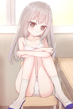 1girl absurdres blush bow bow_bra bow_panties bra breasts brown_eyes chair classroom collarbone crotch_seam desk grey_hair highres hugging_own_legs lace lace-trimmed_panties lace_trim loli long_hair looking_at_viewer original panties pink_bow polka_dot polka_dot_bra polka_dot_panties shoes shooko sitting small_breasts smile socks underwear uwabaki white_bra white_panties white_shoes white_socks window