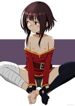 1girl asymmetrical_legwear bandaged_leg bandages belt belt_buckle black_choker black_panties black_thighhighs blunt_ends blush breasts breasts_apart brown_belt brown_hair buckle butterfly_sitting choker closed_mouth clothes_lift clothes_pull crotch_seam dress dress_lift dress_pull embarrassed feet foot_pussy full_body hands_on_own_feet highres kono_subarashii_sekai_ni_shukufuku_wo! loli long_sidelocks megumin nipples no_bra no_shoes nose_blush off-shoulder_dress off_shoulder panties partially_visible_vulva picot_trim_panties purple_background red_dress red_eyes short_dress short_hair_with_long_locks sidelocks sirokohi sitting small_breasts solo thighhighs toes turning_head two-tone_background underwear variant_set wavy_mouth white_background wispy_bangs