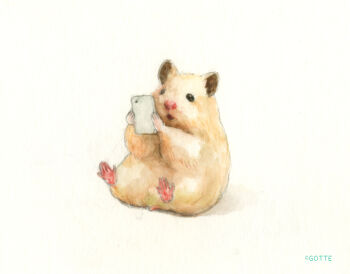 animal animal_focus artist_name cellphone commentary_request gotte hamster highres holding holding_phone no_humans original painting_(medium) phone simple_background sitting smartphone traditional_media watercolor_(medium) white_background