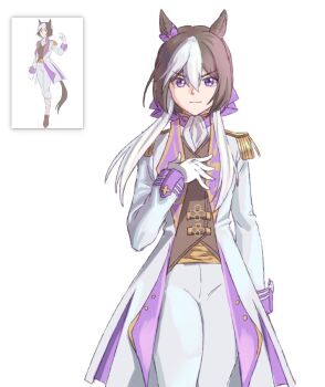 1girl adapted_costume animal_ears ascot bow brown_hair brown_vest closed_mouth coat commentary_request ear_bow epaulettes gloves horse_ears horse_girl horse_tail kaulen.f long_hair long_sleeves looking_at_viewer multicolored_hair pants purple_eyes reference_inset shirt special_week_(special_dreamer)_(umamusume) special_week_(umamusume) tail two-tone_hair umamusume vest white_ascot white_coat white_gloves white_hair white_pants white_shirt