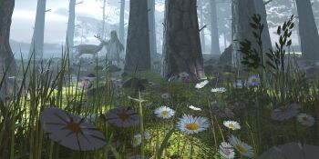 1other 3d_background animal blonde_hair coat commentary_request day deer enkidu_(fate) fate/grand_order fate/strange_fake fate_(series) flower flower_request forest grass highres long_hair moss nature outdoors plant scenery sisou solo standing tree white_coat white_flower wide_shot