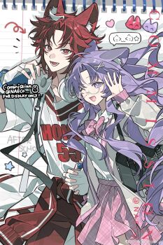 1boy animal_ears brown_hair character_request commentary_request copyright_request evodtonaeco highres holding jacket multicolored_hair one_eye_closed open_mouth purple_eyes purple_hair red_hair shirt smile