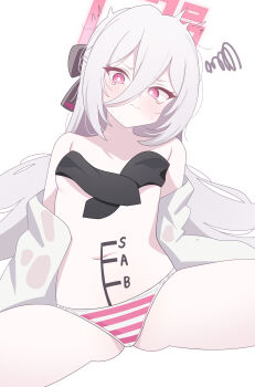 1girl :s absurdres blue_archive breasts covering_breasts covering_privates dick-o-meter embarrassed gluteal_fold halo highres kanimiso30601 kei_(blue_archive) kei_(new_body)_(blue_archive) length_markings loli long_hair long_sleeves naked_shirt navel panties partially_undressed pink_halo red_eyes ringed_eyes shirt small_breasts spread_legs striped_clothes striped_panties thighs underwear white_background white_hair