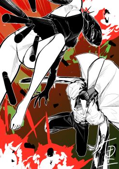 1boy 1girl absurdres barefoot bomb_devil_(chainsaw_man) chainsaw chainsaw_man denji_(chainsaw_man) fccrcrvim924172 highres jumping leg_up monochrome panties reze_(chainsaw_man) sharp_teeth sketch teeth tongue tongue_out underwear